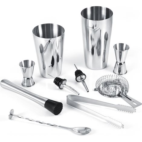 10-teiliges Cocktail-Shaker-Set aus Edelstahl, inklusive Rührlöffel und Eiszange für die Bar (1/5)
