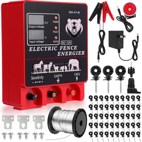 Kit de chargeur de clôture électrique 9J, clôture enfichable de 32 km avec écran et alarme, entrée 12 VDC/110-240 VAC sortie 12 KV, fil d'aluminium de 76,2 m, 50 isolateurs, 1 outil de prise (1/5)