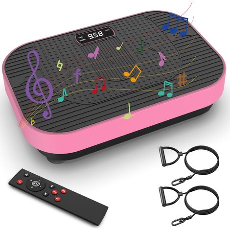 Plateforme vibrante fitness rose avec 5 programmes, 1 à 199 niveaux, télécommande, bandes de résistance et musique Bluetooth pour entraînement complet  CHICFURN (1/5)