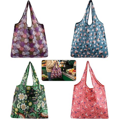 Sac de courses réutilisable, sacs fourre-tout, sacs de courses pliables, pour les courses quotidiennes, les visites au supermarché ou les excursions en camping,4 Couleurs - 4b (1/5)