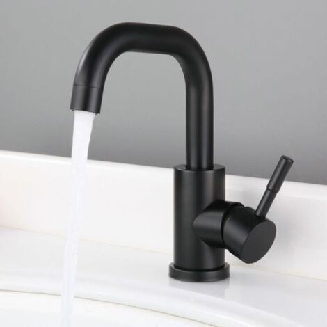 Robinet d'eau chaude et froide noir en acier inoxydable petit robinet de bassin rotatif brossé de salle de bain incurvé (1/3)
