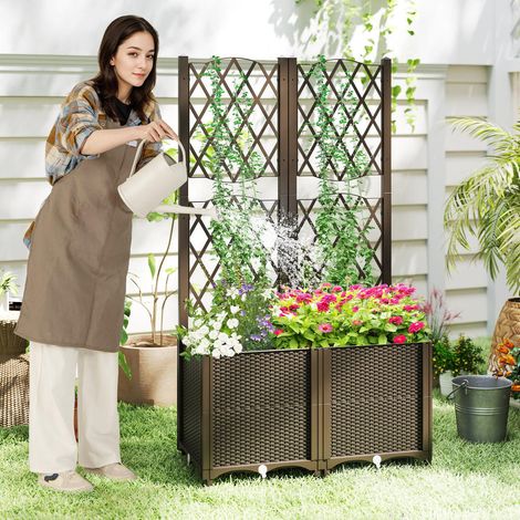 Design 2-en-1 jardinière surélevée avec treillis, arrosage automatique, bacs profonds, balcon et terrasse (1/5)