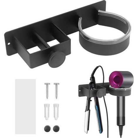 Soporte de pared 2 en 1 para secador de pelo, Soporte para plancha y secador de pelo, Incluye material de montaje, Autoadhesivo, Aluminio, Negro (1/5)