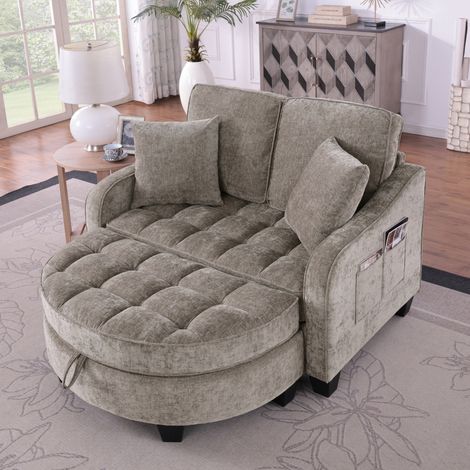 Divano trasformabile con 2 cuscini, panca contenitore, schienale regolabile a 180°, struttura in legno, lino - mobile soggiorno/camera da letto, marrone (1/5)