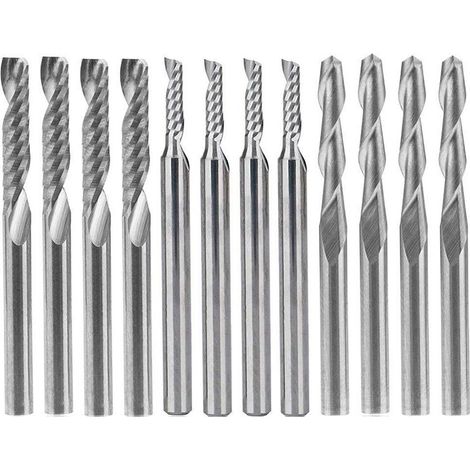 Set aus 12 Hartmetall-Fräsern, 4 Doppelschneider-Fräser mit 0,32 cm Durchmesser und 8 Einzelschneider-Fräser (2 Typen) für Nylon, Harz, ABS, Acryl, PVC, MDF und Hartholz. (1/4)