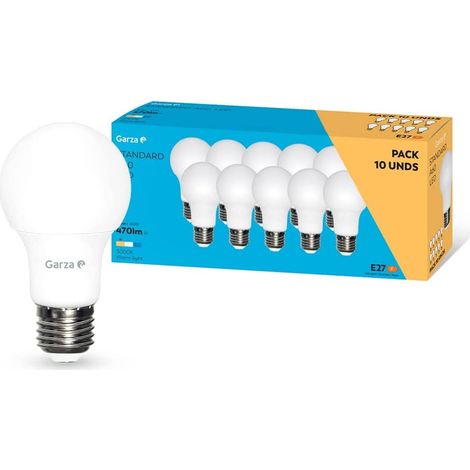 Garza - Bombilla LED de bajo consumo estandar A60 E27 de 470LM y 6W de potencia equivalente a 40W y temperatura amarillo cálido 3.000K A+ 15.000H duración - Pack 10 bombillas (1/5)