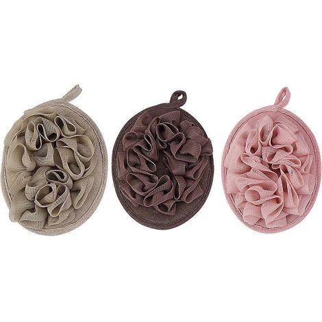 Lot de 3 boules de bain, filet à bulles, éponge de bain unie, accessoire de bain portable en forme de fleur (kaki, café foncé, rose foncé)-1713cm