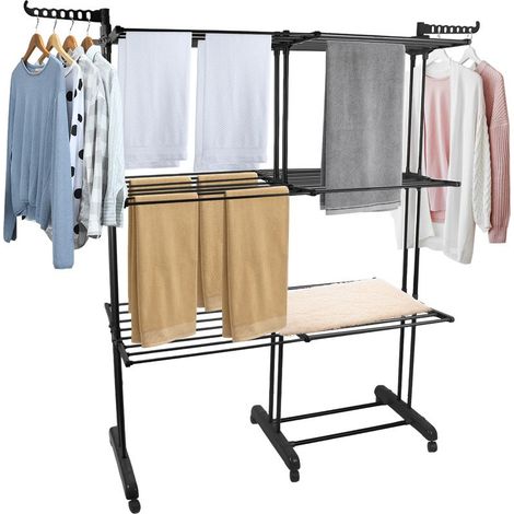 Étendoir à linge extensible et compact, 75-132x49x170cm, avec ailes repliables, perche télescopique et 6 roulettes (1/5)