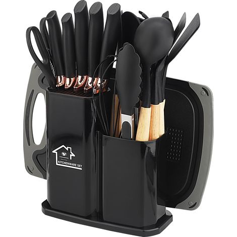 Set Couteaux de cuisine, ensemble d'Ustensiles de cuisine, comprenant 5 couteaux et 13 Ustensiles de cuisine en silicone, ainsi qu'une boîte de rangement(noir) (1/5)