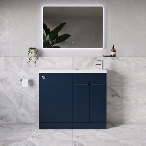 Napoli 250 Deep Blue 1000mm 2 Door Vanity Unit Toilet Suite with Round Silvo Basin - 1000mm - Chrome 160mm HandleWithout Jubilee Toilet Pan