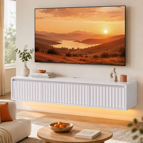 Meuble TV Suspendu Flottant 120 cm avec Éclairage LED et Prises, Meuble Télé pour Téléviseur 65 Pouces, Blanc (1/5)