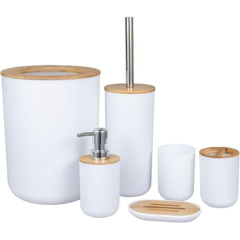 6 accessoires de salle de bain en bambou respectueux de l'environnement avec distributeur de lotion, poubelle, porte-brosse à dents, gobelet, brosse de toilette et porte-savon (blanc) MNS (1/4)