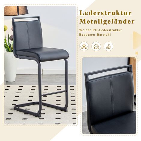 Lot de 2 tabourets de bar style scandinave en similicuir noir, pieds en métal noir, hauteur 96,5 cm, parfaits pour cuisine, restaurant. (1/5)