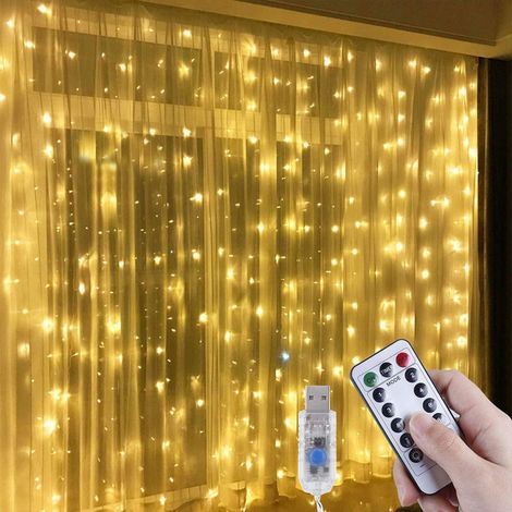 1 Rideau Lumineux 3m x 3m, 300 LEDs, 8 Modes, USB, Timer, Intérieur, Fête