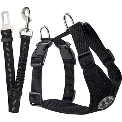 Harnais Voiture - Gilet Réglable Respirant avec Ceinture De Sécurité - Pour Chien et Chat - Taille M - Noir (1/5)