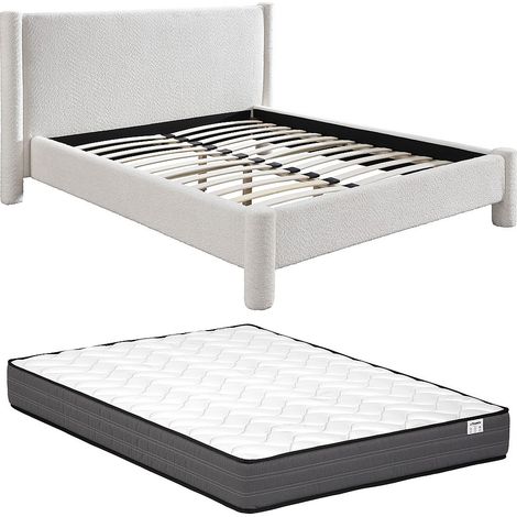 Lit 180 x 200 cm - Tissu bouclette - Blanc + Matelas - CONOMO