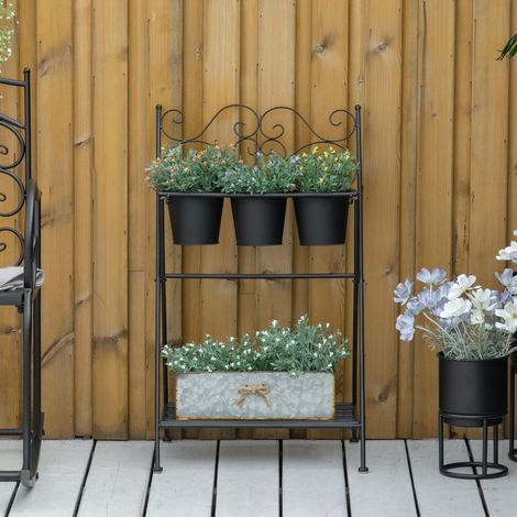 Support de plantes en métal pliable avec 3 pots et étagère inférieure pour la maison et le jardin, 47x37x78.5 cm, noir (1/5)