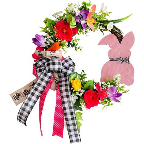 Guirlande En Cercle - Panneau En Bois Lapin De Pâques - Décoration Porte Cour Extérieure - Printemps - 1 Pièce (1/5)