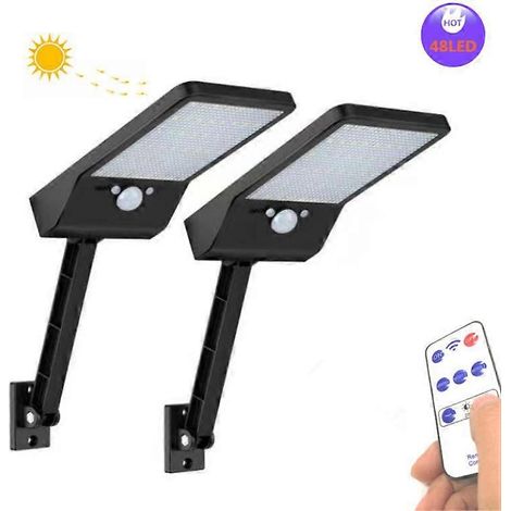 Lot de 2 projecteurs solaires à 48 LED avec détecteur de mouvement extérieur et 3 modes d'éclairage à distance pour fossé de drainage et garage. (1/5)