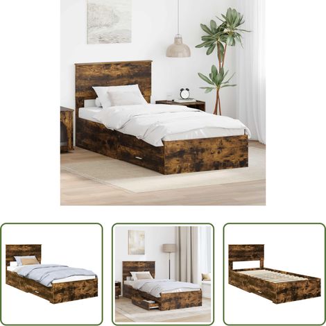 vidaXL Rangement dans le lit - Cadre de lit Chêne Fumé et Argent 75 x 190 cm Bois d'ingénierie (1/5)