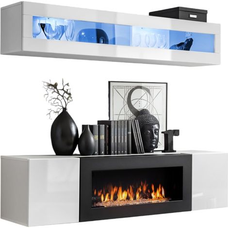 Mobili sospesi con caminetto decorativo collezione FLY N2. Colore bianco.