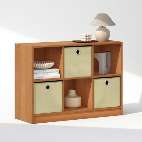 Organisateurs et Rangement de Placard, Organisateur de Placard 6 Cubes avec Bacs, Étagère Ouverte de Placard, pour Garde-Robe, Chambre, Salon, Cerisier Clair/Ivoire (1/5)