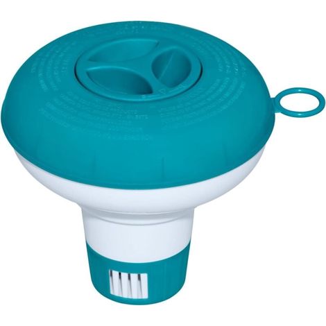 Distributeur de produits chimiques en plastique robuste pour piscines, avec couvercle bleu turquoise et anneau de suspension, conçu pour le dosage régulier de désinfectants dans les piscines intérieur (1/4)