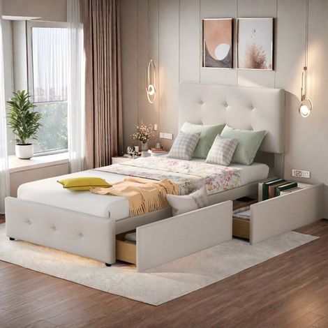 Bett einfach - Bett 90x200 cm - 2 Schubladen - Verstellbares Kopfteil - Beigefarbenes Samt