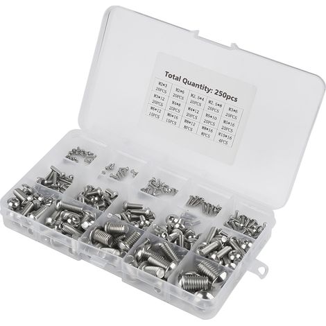 Ensemble de 250 vis à métaux M2/M2.5/M3/M4/M5/M6/M8/M10 pour ordinateur portable/clavier/téléphone/PC (vis à six pans creux)