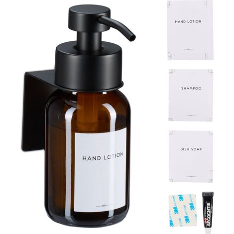 Relaxdays Soap Dispenser, 1-Piece, 250 ml, Glass, Stainless Steel, Wall-Mounted, Adhesive, Sanitiser Pump, Brown/Black