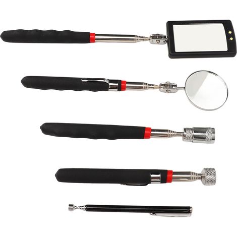 Ensemble de 5 outils de ramassage magnétique avec tige télescopique et miroir, équipé d'une lampe LED pour l'inspection et la maintenance. (1/5)