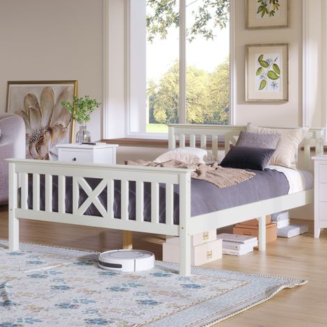 MEUBLIV Lit cadre de lit 140x200 cm blanc – tête de lit X et sommier, sans matelas (1/5)