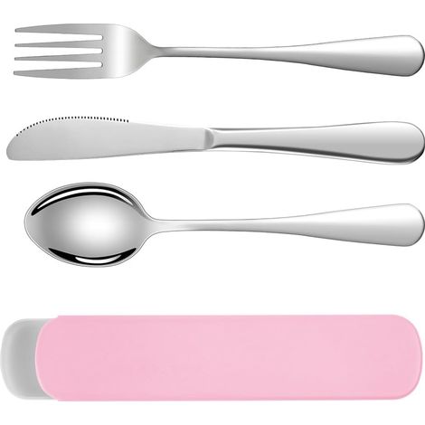 3 Pièces Couverts pour Lunch Box – Boîtier Gain de Place, Passe Lave-Vaisselle – Couteau, Fourchette, Cuillère – Randonnée, Voyage, Bureau (Rose) (1/5)