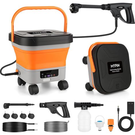 Nettoyeur Haute Pression sans Fil avec Réservoir d'eau Pliable de 12.9L Buse 6-en-1, 7 Niveaux de Pression Réglables, 660 PSI, pour le Nettoyage des Voitures, Sols, Murs, Clôtures (1/5)