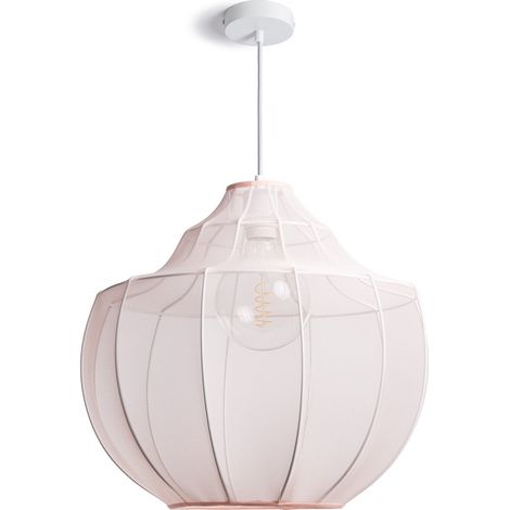 Efectoled – Suspension métal et tissu Ayla rose pastel – Abat-jour en tissu mousseux – Douille E27 – Câble textile blanc pour installation élégante