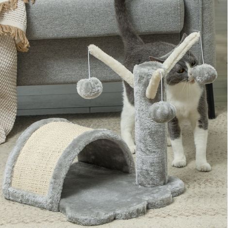 MODFU – Rascador para gatos 38x38x40 cm con nicho, plataforma, rascador de sisal y tapizado en felpa gris claro (1/5)