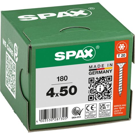 SPAX Vis universelle, 4 x 50 mm, 180 pièces, filetage complet, tête fraisée, T-STAR plus T20, 4CUT, WIROX - 8000000287305