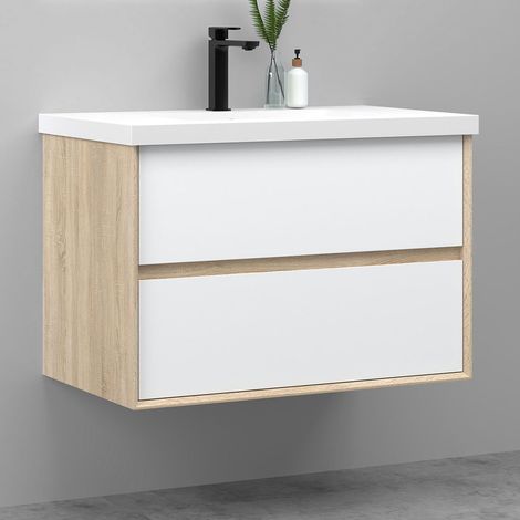 Meuble salle de bain suspendu 80 cm avec vasque + 2 tiroirs, Blanc et Chêne (1/5)