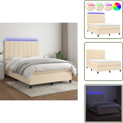 Boxspringbett mit Matratze & LED Creme 140x200 cm Stoff - Boxspringbett - Doppelbett - Cremefarbenes Bett - Bettauflage - Lattenrost