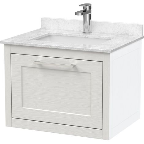 Blithbury Traditional Bathroom Wall Hung 1 Drawer Vanity Unit and 1 Tap Hole Marble Top Basin, 600mm, Woodgrain White (1/2)