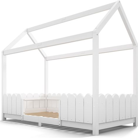 Lit cabane enfant 90x200 cm blanc avec barrière de sécurité et sommier (1/5)