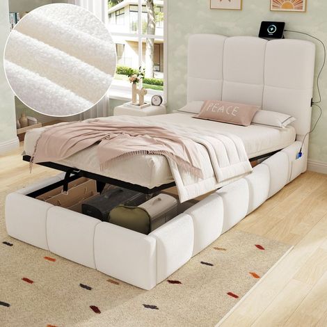 Lit rembourré hydraulique, lit enfant 90x200cm, lit fonctionnel, sommier à lattes, tête de lit, port USB, bouclé, beige (1/5)