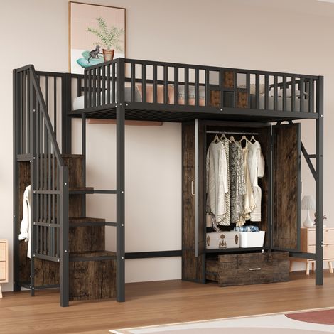 Hochbett Metall und Holz schwarz 90x200 cm mit Kleiderschrank, Schublade und Aufbewahrungsleiter (1/5)