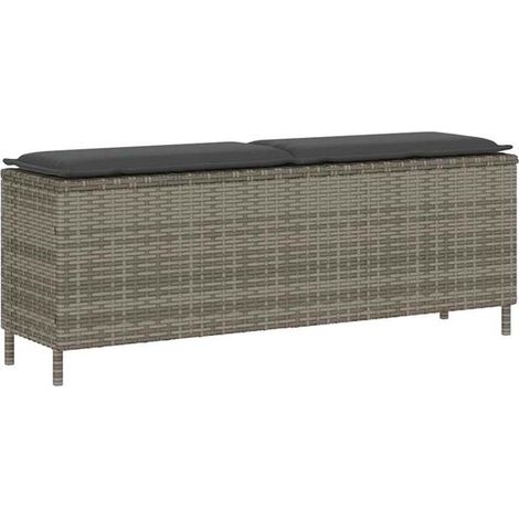 Banc de jardin avec coussins gris, mesurant 110x30x40,5 cm, en résine tissée. (1/5)