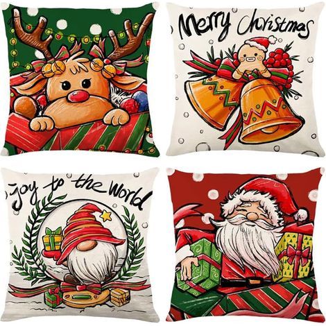 Housse de Coussin Noel 45x45cm, Lot de 4 Noël Décoratif Canapé en Coton et Lin Noël pour Canapé Lit Chambre Chaise Jardin-Couleur Noël (1/5)