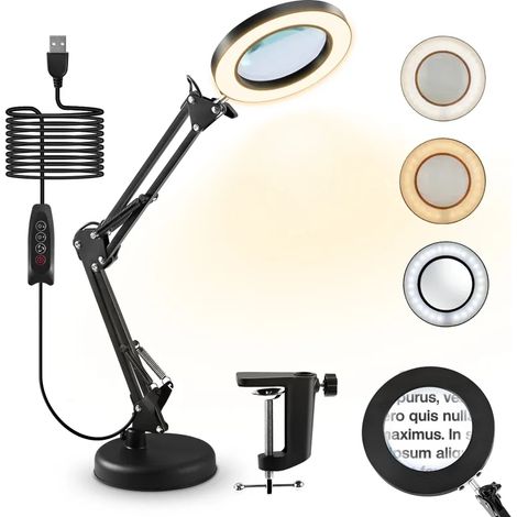 Loupe lumineuse 10x avec pince et support – lampe de lecture grossissante, 3 couleurs de lumière, 10 niveaux de luminosité, 72 LED, pour seniors, lecteurs et bijoutiers (1/5)
