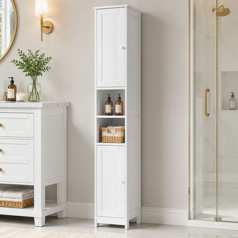 Meuble Salle de Bain Haut Rangement, 2 Portes, 2 Compartiments Ouverts, Étagère Réglable, Blanc (1/5)