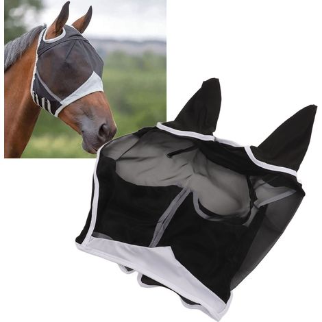 Masque anti-mouches pour chevaux en mesh respirant, protection UV, élastique avec oreilles détachables - Noir L (1/5)
