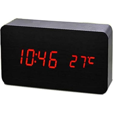Sveglia digitale in legno ThreeH con display a LED, calendario/ora/temperatura, controllo del suono, alimentazione USB o tramite alimentatore, 3 allarmi, decorativa AC11 Nero Rosso (1/5)