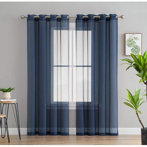 Rideau en tulle translucide avec œillets, 2 panneaux (134 cm x 240 cm, bleu marine) (1/5)